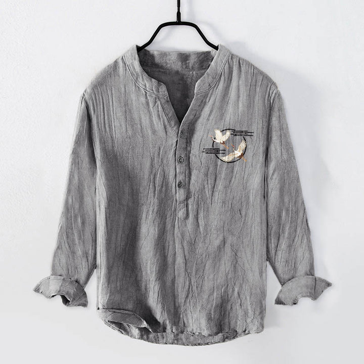 Buddha Stones Soaring White Crane Pattern Half Buttons Men's Cotton Linen Long Sleeve Shirt - image 1