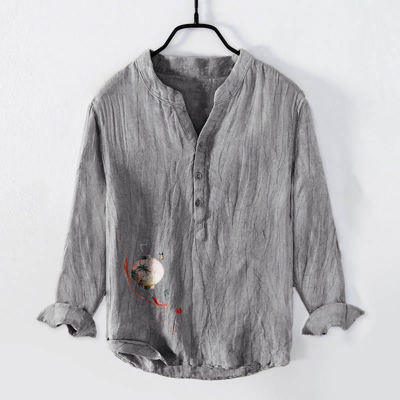 Buddha Stones Butterfly Bamboo Lantern Pattern Half Buttons Men's Cotton Linen Long Sleeve Shirt - Gray - US/UK/AU50，EU60 (5XL) - image 6