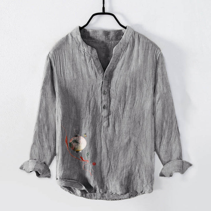 Buddha Stones Butterfly Bamboo Lantern Pattern Half Buttons Men's Cotton Linen Long Sleeve Shirt - Gray - US/UK/AU50，EU60 (5XL) - image 6
