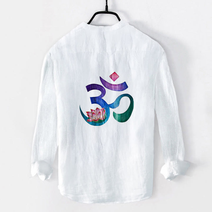 Buddha Stones Lotus OM Symbol Pattern Half Buttons Men's Cotton Linen Long Sleeve Shirt - image 7