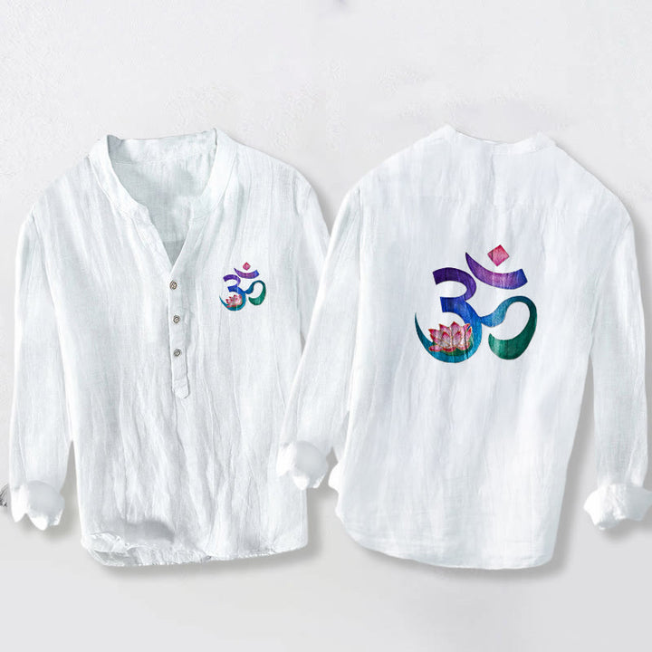 Buddha Stones Lotus OM Symbol Pattern Half Buttons Men's Cotton Linen Long Sleeve Shirt - White - US/UK/AU50，EU60 (5XL) - image 6