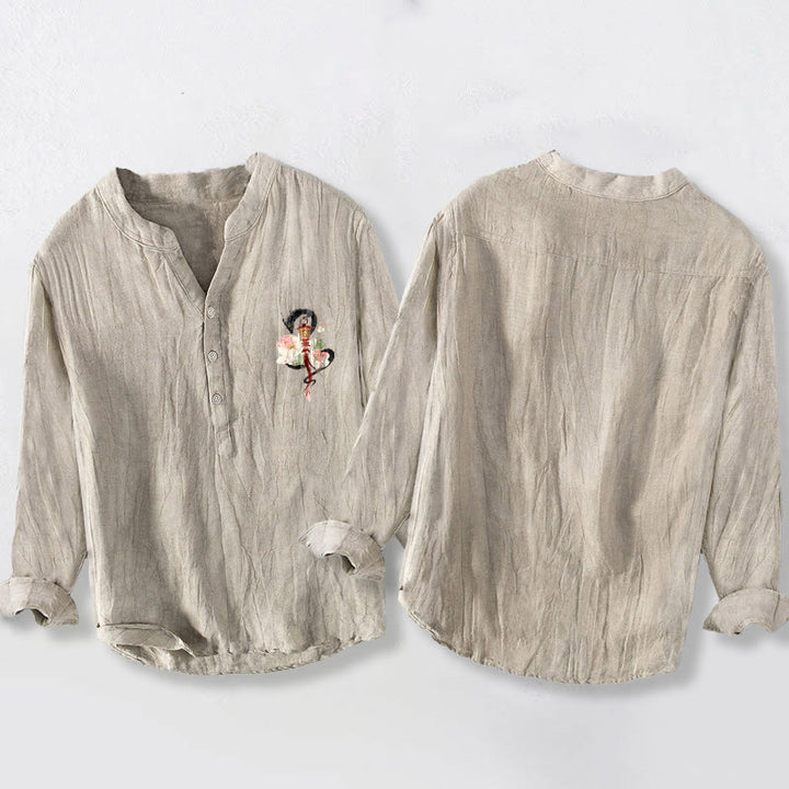 Buddha Stones Dragon Lotus Lantern Pattern Half Buttons Men's Cotton Linen Long Sleeve Shirt - image 2