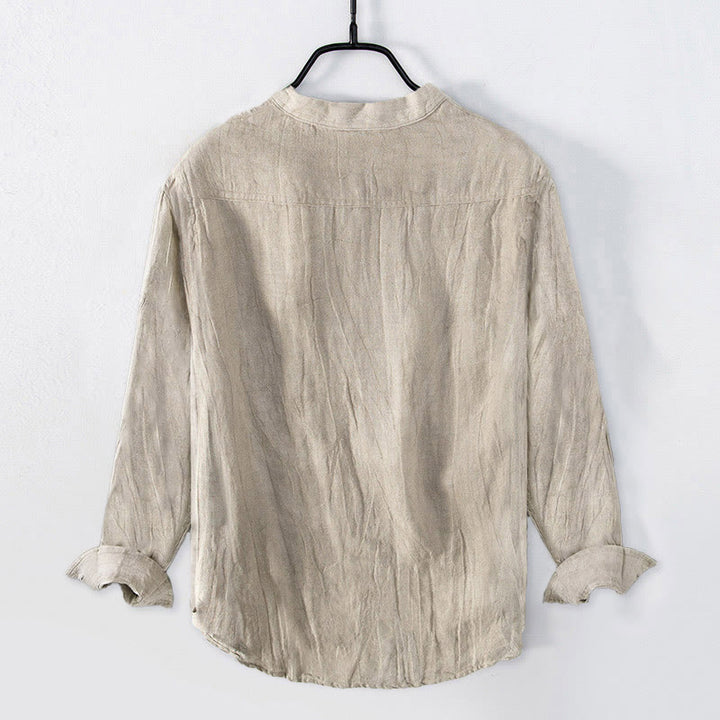 Buddha Stones Peach Blossom Love Character Pattern Half Buttons Men's Cotton Linen Long Sleeve Shirt - image 1