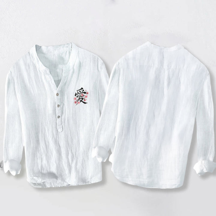 Buddha Stones Peach Blossom Love Character Pattern Half Buttons Men's Cotton Linen Long Sleeve Shirt - image 8