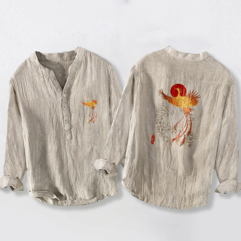 Buddha Stones Phoenix Clouds Red Sun Pattern Half Buttons Men's Cotton Linen Long Sleeve Shirt - image 2