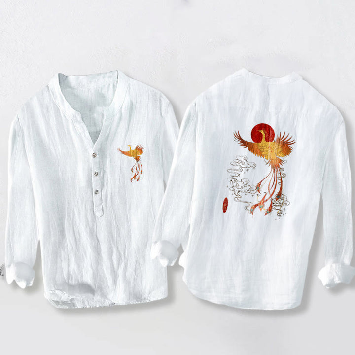 Buddha Stones Phoenix Clouds Red Sun Pattern Half Buttons Men's Cotton Linen Long Sleeve Shirt - image 5