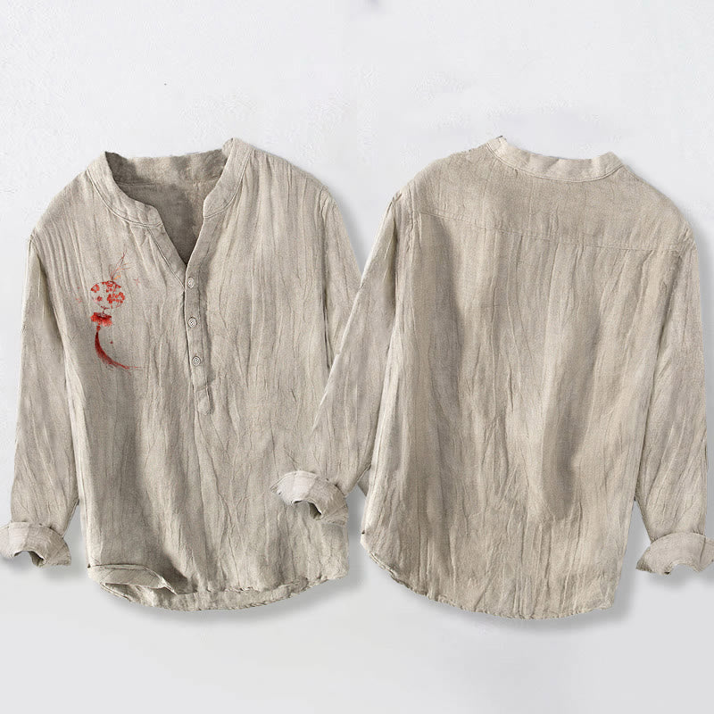 Buddha Stones Red Flower Lantern Pattern Half Buttons Men's Cotton Linen Long Sleeve Shirt - image 5