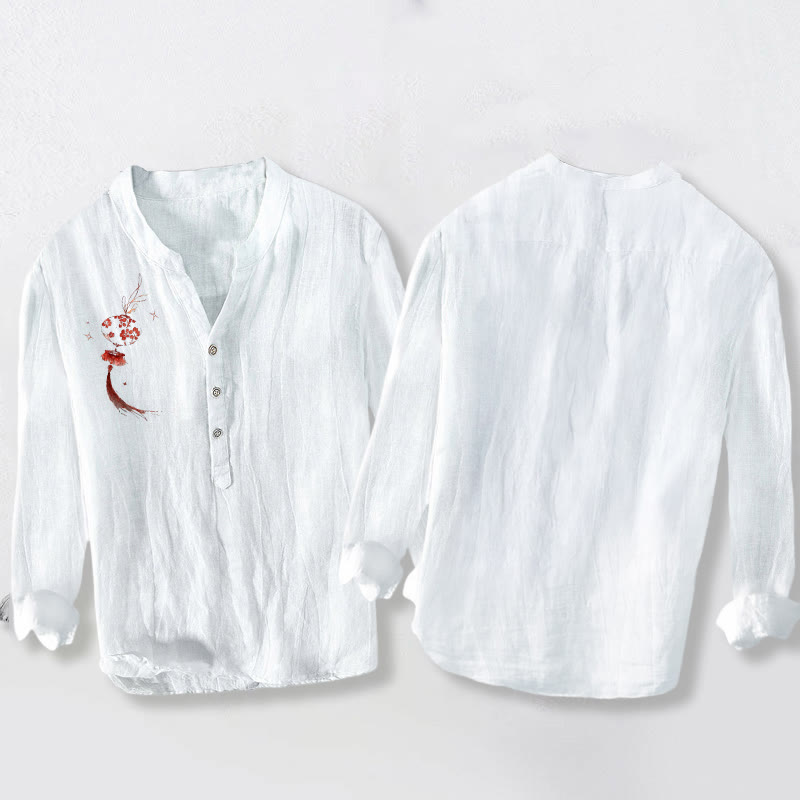 Buddha Stones Red Flower Lantern Pattern Half Buttons Men's Cotton Linen Long Sleeve Shirt - image 2