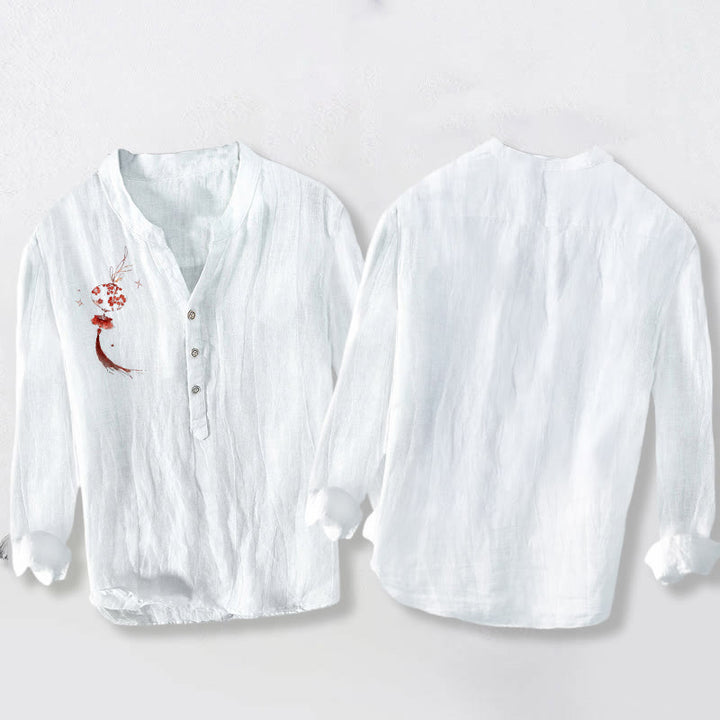 Buddha Stones Red Flower Lantern Pattern Half Buttons Men's Cotton Linen Long Sleeve Shirt - image 2