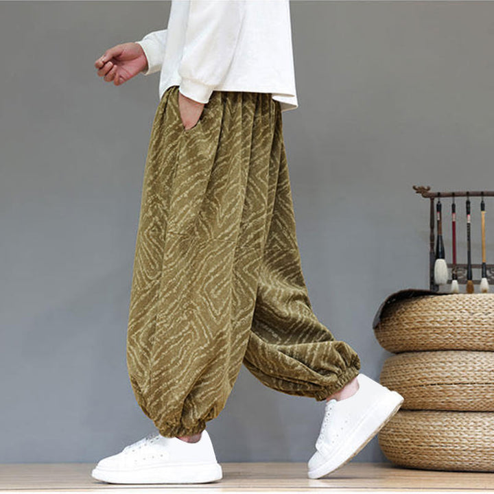 Buddha Stones Fall Texture Drawstring Design Corduroy Cotton Linen Men's Harem Pants With Pockets - image 37