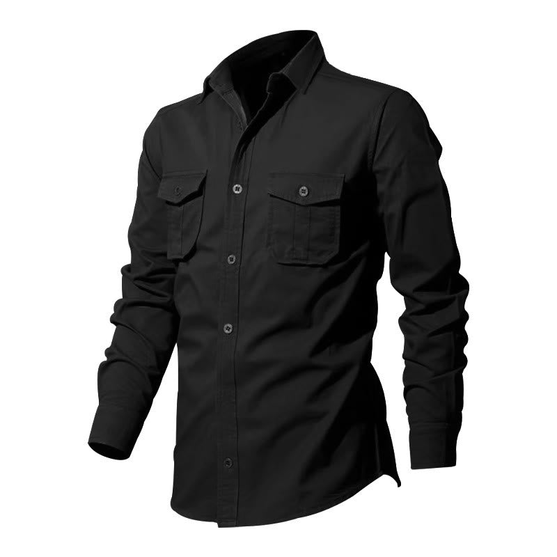 Buddha Stones Solid Color Men's Stand Collar Long Sleeve Cotton Shirt With Pockets - image 5