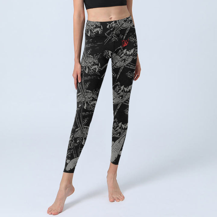 Buddha Stones Black Koi Fish Pattern Print Gym Leggings Women's Yoga Pants - image 5