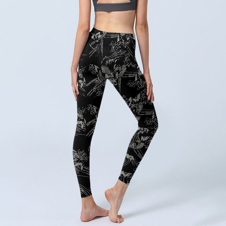 Buddha Stones Black Koi Fish Pattern Print Gym Leggings Women's Yoga Pants - image 3