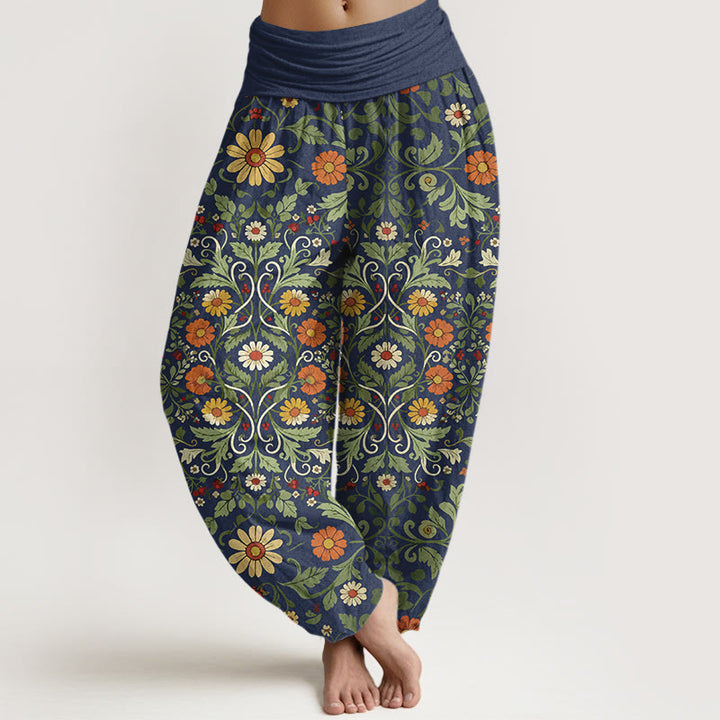 Buddha Stones Pure Cotton Colorful Flowers Vines Women's Elastic Waist Harem Pants - DarkSlateBlue - US16，UK/AU20，EU48 (3XL) - image 0