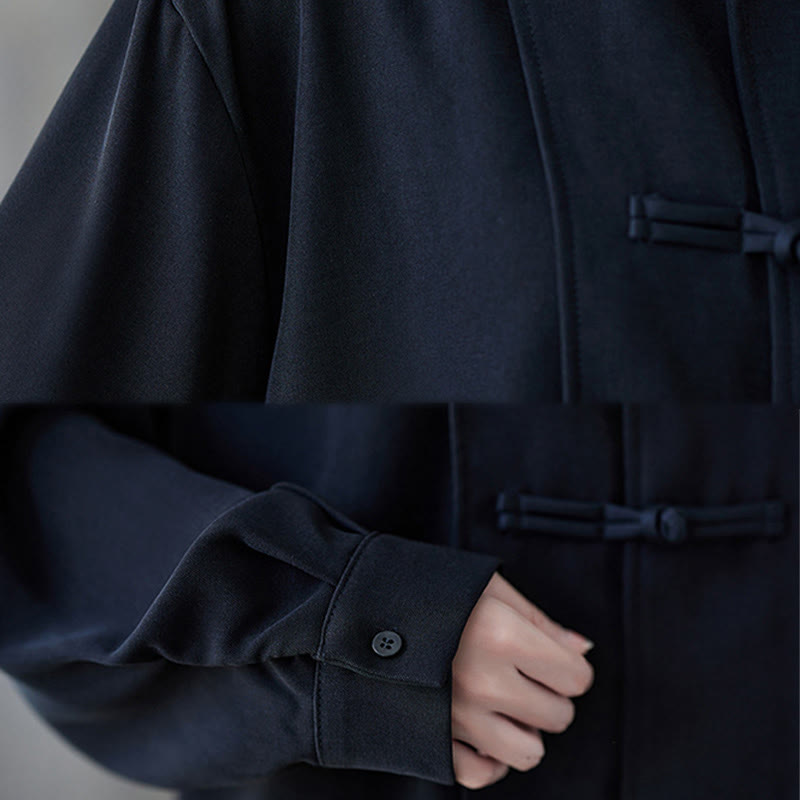 Buddha Stones Black Plain Frog-Button Lapel Women's Cotton Long Sleeve Shirt - image 11