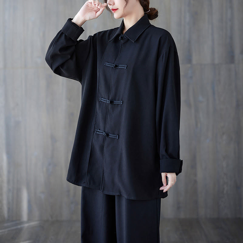 Buddha Stones Black Plain Frog-Button Lapel Women's Cotton Long Sleeve Shirt - image 1