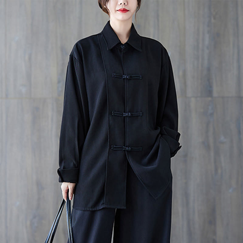 Buddha Stones Black Plain Frog-Button Lapel Women's Cotton Long Sleeve Shirt - image 3
