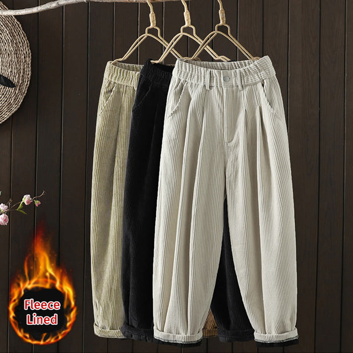 Buddha Stones Women's Winter Plain Corduroy Cotton High Waist Fleece-Lined Harem Pants With Pockets - image 23