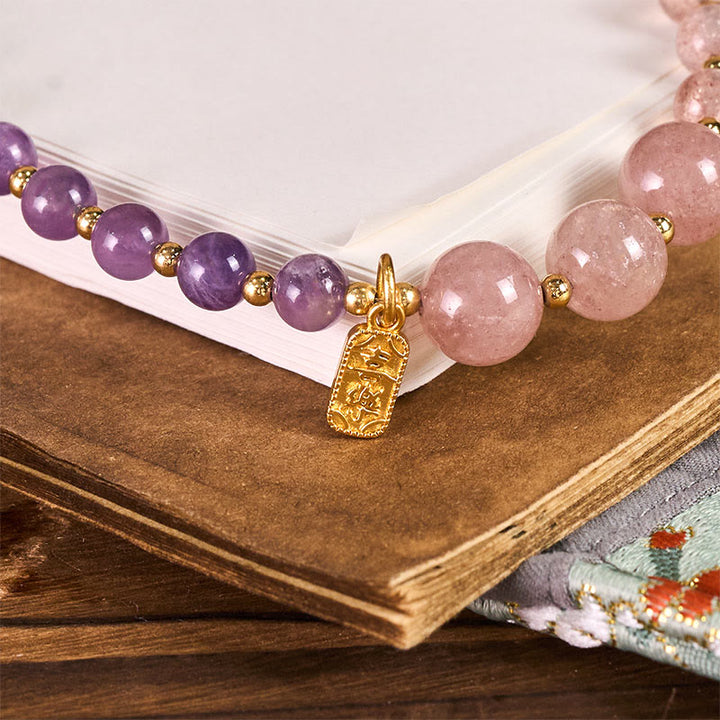 Buddha Stones Strawberry Quartz Amethyst Happiness Healing Key Chain Phone Hanging Decoration - image 2