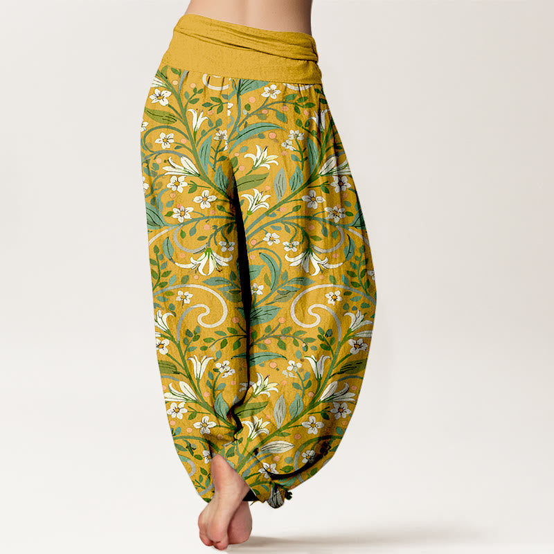 Buddha Stones Pure Cotton Elegant Lily Petal Leaf Pattern Women's Elastic Waist Harem Pants - image 1