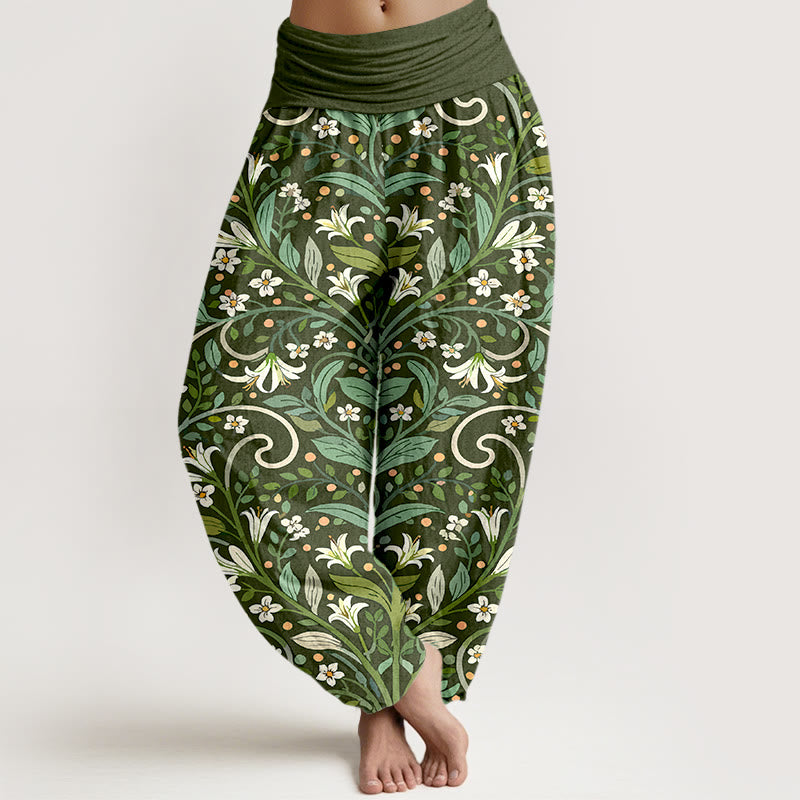 Buddha Stones Pure Cotton Elegant Lily Petal Leaf Pattern Women's Elastic Waist Harem Pants - DarkOliveGreen - US16，UK/AU20，EU48 (3XL) - image 5