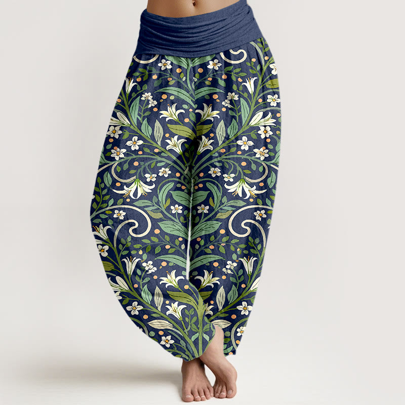 Buddha Stones Pure Cotton Elegant Lily Petal Leaf Pattern Women's Elastic Waist Harem Pants - Navy - US16，UK/AU20，EU48 (3XL) - image 8