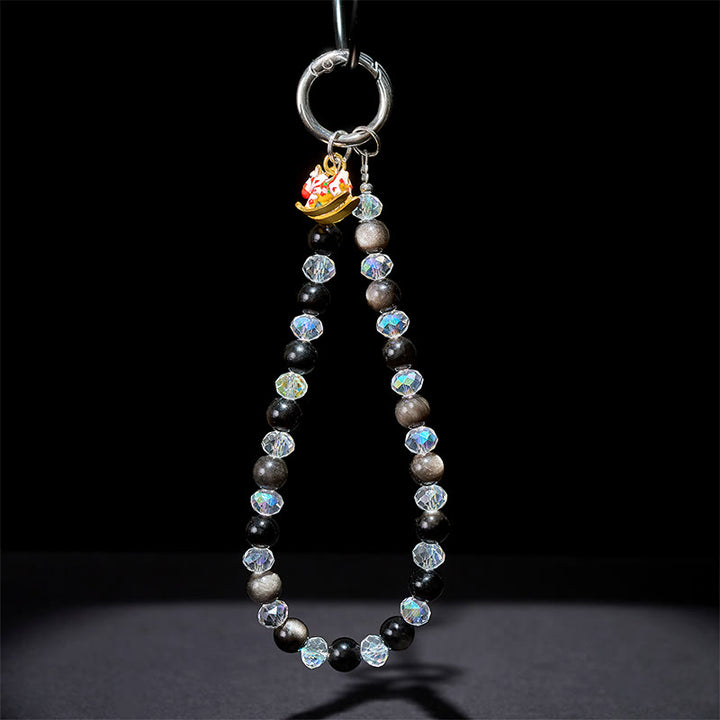 Buddha Stones Year of the Horse Silver Sheen Obsidian Protection Key Chain Phone Hanging Decoration - image 4