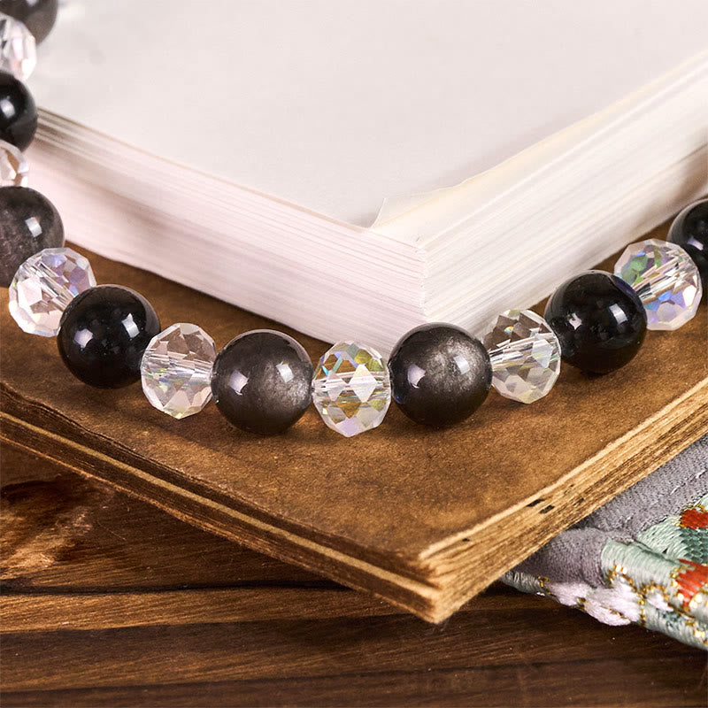 Buddha Stones Year of the Horse Silver Sheen Obsidian Protection Key Chain Phone Hanging Decoration - image 1