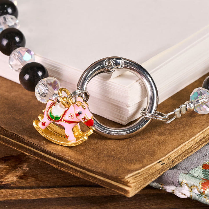 Buddha Stones Year of the Horse Silver Sheen Obsidian Protection Key Chain Phone Hanging Decoration - image 2