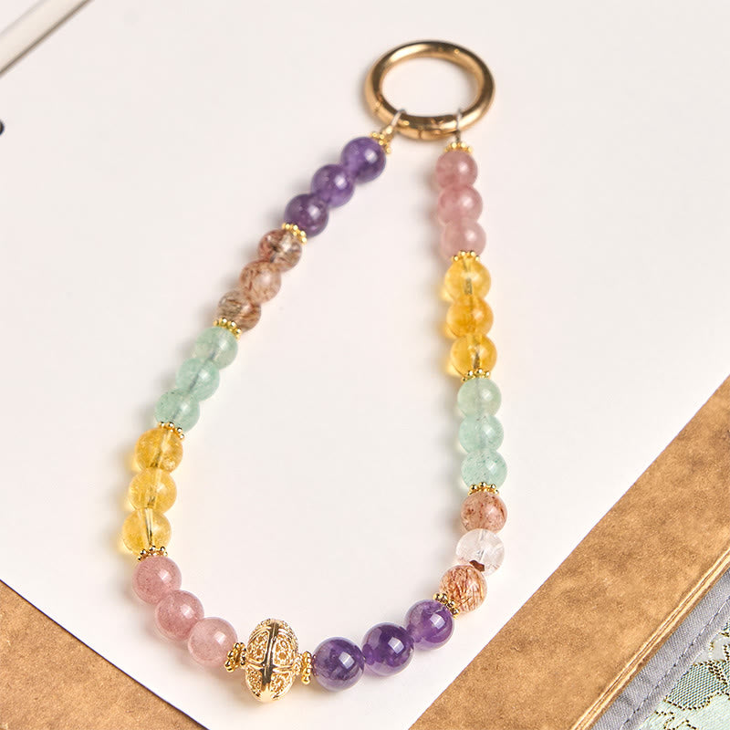 Buddha Stones 8mm Multicolored Amethyst Strawberry Quartz Balance Key Chain Phone Hanging Decoration - Amethyst(Meditation ♥ Balance) - image 0
