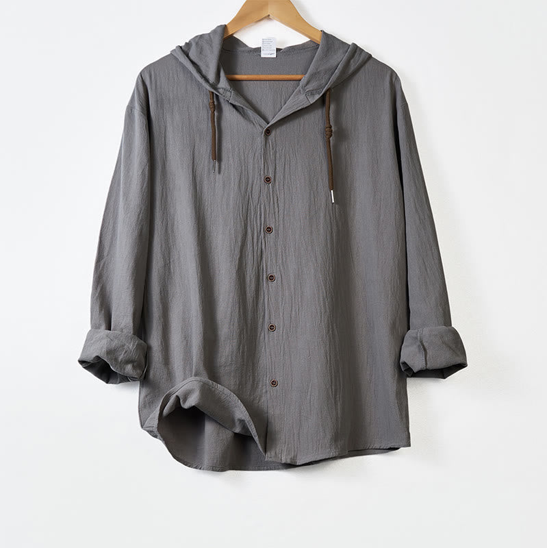 Buddha Stones Solid Color Long Sleeve Hooded Drawstring Buttons Linen Men's Shirt - DarkGray - US/UK/AU44，EU54 (3XL) - image 10
