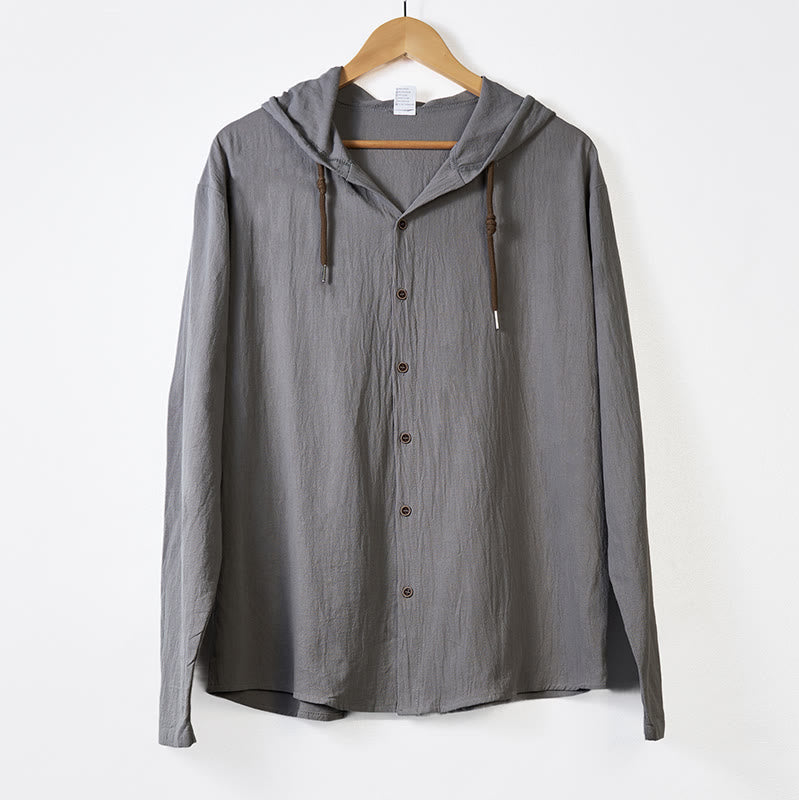 Buddha Stones Solid Color Long Sleeve Hooded Drawstring Buttons Men's Shirt - image 11