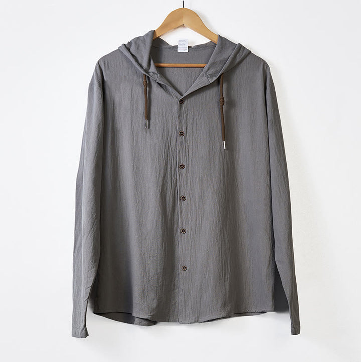Buddha Stones Solid Color Long Sleeve Hooded Drawstring Buttons Men's Shirt - image 11
