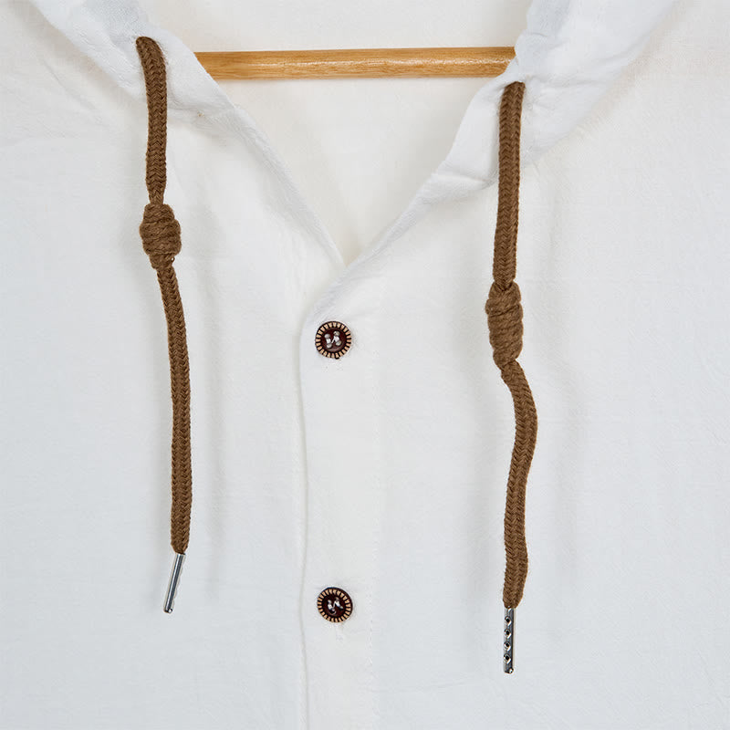 Buddha Stones Solid Color Long Sleeve Hooded Drawstring Buttons Linen Men's Shirt - image 6