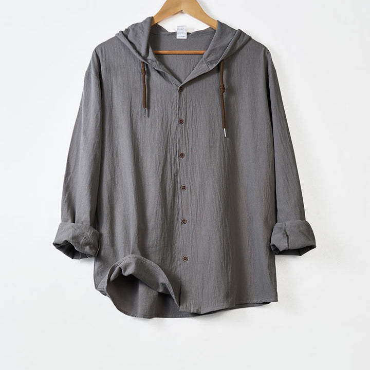 Buddha Stones Solid Color Long Sleeve Hooded Drawstring Buttons Men's Shirt - DarkGray - US/UK/AU44，EU54 (3XL) - image 10
