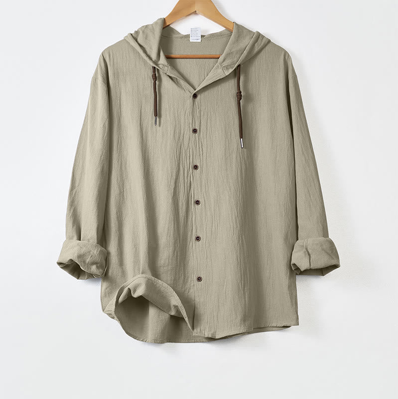 Buddha Stones Solid Color Long Sleeve Hooded Drawstring Buttons Cotton Men's Shirt - Beige - US/UK/AU44，EU54 (3XL) - image 15
