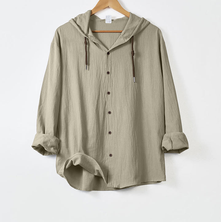 Buddha Stones Solid Color Long Sleeve Hooded Drawstring Buttons Cotton Men's Shirt - Beige - US/UK/AU44，EU54 (3XL) - image 15