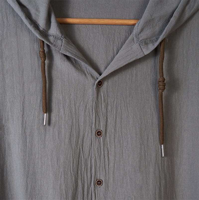 Buddha Stones Solid Color Long Sleeve Hooded Drawstring Buttons Cotton Men's Shirt - image 13