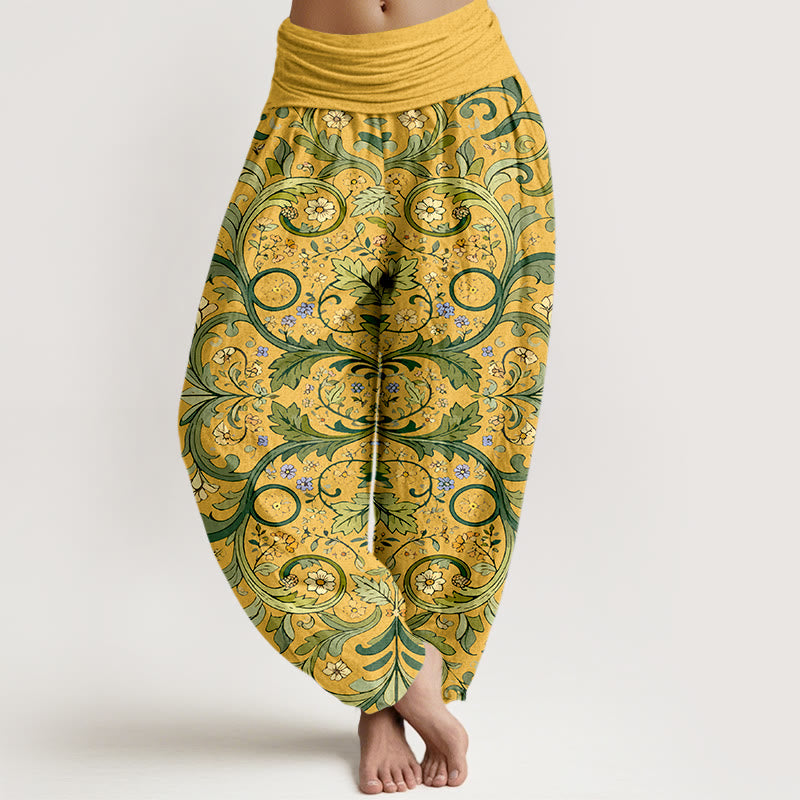 Buddha Stones Pure Cotton Layered Leaves Vines Flowers Pattern Women's Elastic Waist Harem Pants - Gold - US16，UK/AU20，EU48 (3XL) - image 0