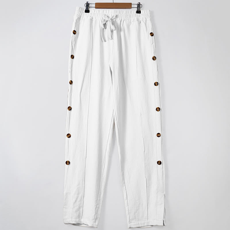 Buddha Stones Solid Color Side Buttons Men's Cotton Pants With Pockets - White - US/UK/AU46，EU56 (3XL) - image 10