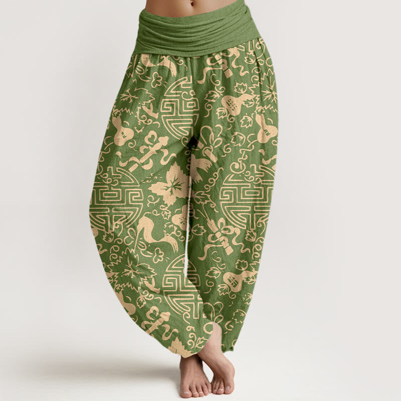 Buddha Stones Pure Cotton Chinese Character Gourd Auspicious Pattern Women's Elastic Waist Harem Pants - YellowGreen - US16，UK/AU20，EU48 (3XL) - image 5