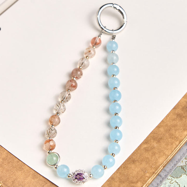 Buddha Stones 8mm Blue Chalcedony Super Seven Crystal Energy Key Chain Phone Hanging Decoration - Blue Chalcedony(Charity ♥ Friendliness) - image 0
