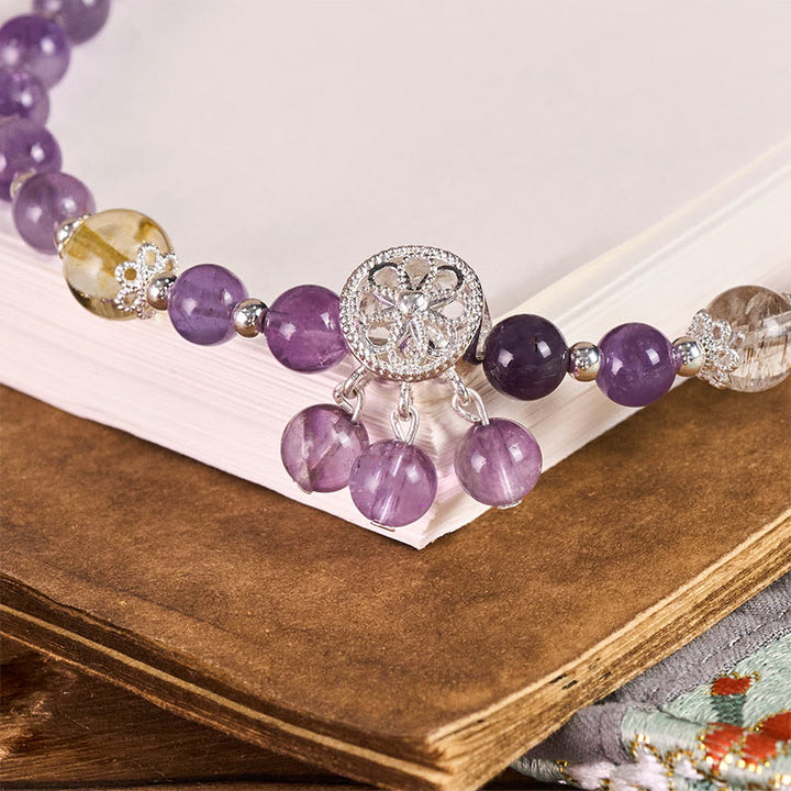 Buddha Stones Amethyst Flower Charm Spiritual Awareness Beaded Key Chain Phone Hanging Decoration - image 1