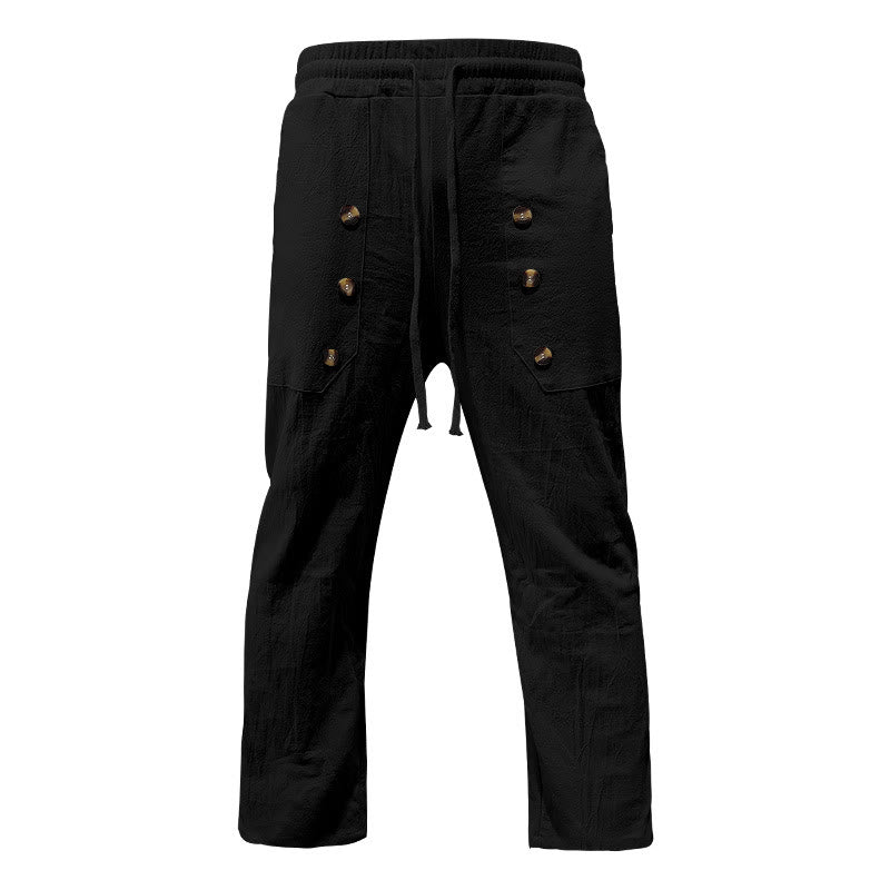 Buddha Stones Casual Plain Color Buttons Men's Cotton Pants With Pockets - Black - US/UK/AU46，EU56 (3XL) - image 5