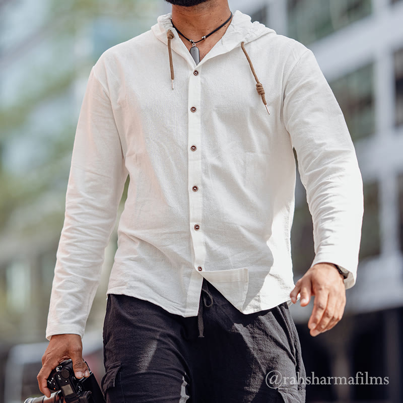 Buddha Stones Solid Color Long Sleeve Hooded Drawstring Buttons Cotton Men's Shirt - White - US/UK/AU44，EU54 (3XL) - image 0