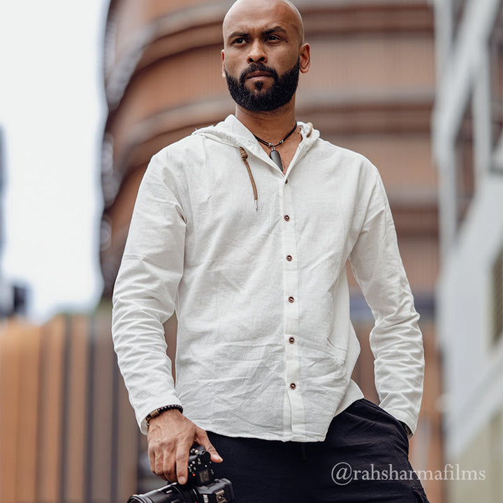 Buddha Stones Solid Color Long Sleeve Hooded Drawstring Buttons Linen Men's Shirt - image 1