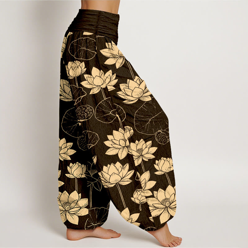 Buddha Stones Cotton Lotus Flowers Leaves Pods Pattern Women's Elastic Waist Harem Pants - image 2