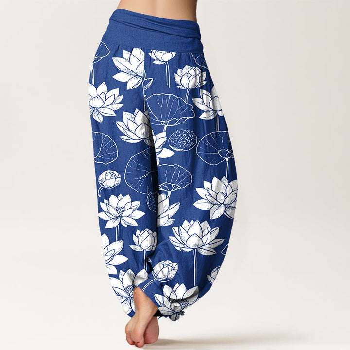Buddha Stones Cotton Lotus Flowers Leaves Pods Pattern Women's Elastic Waist Harem Pants - image 9