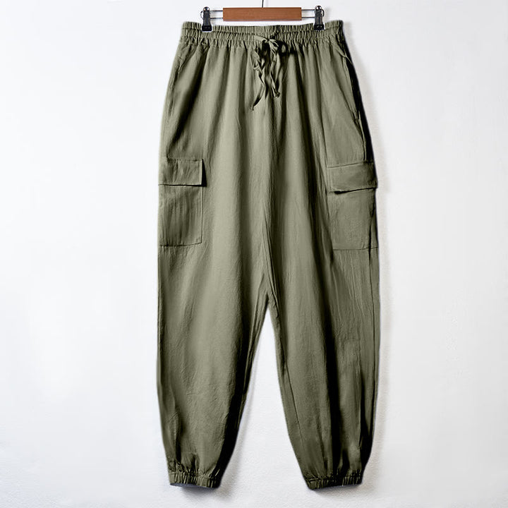 Buddha Stones Solid Color Linen Drawstring Men's Cargo Pants With Pockets - DarkSeaGreen - US/UK/AU46，EU56 (3XL) - image 29