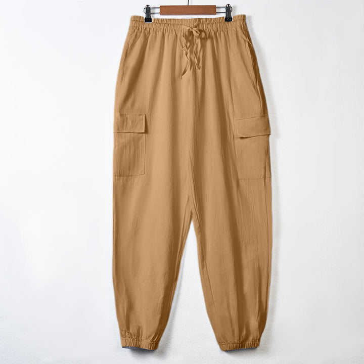 Buddha Stones Solid Color Linen Drawstring Men's Cargo Pants With Pockets - SandyBrown - US/UK/AU46，EU56 (3XL) - image 29